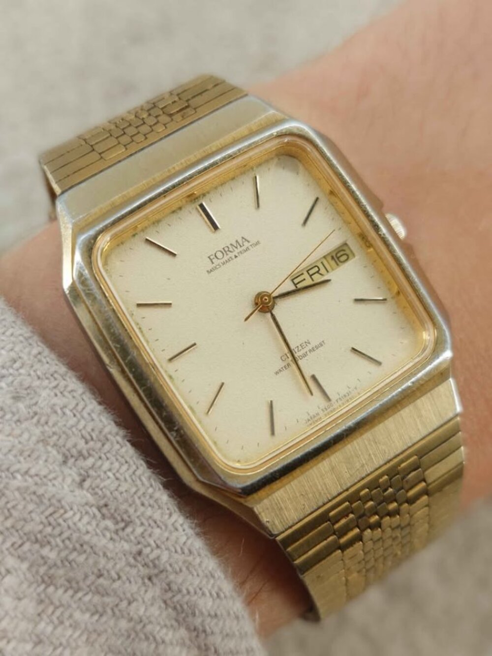 Citizen Men's Watch Forma 5500-F50077 Square Gold Day-Date 31mm JDM New Battery
